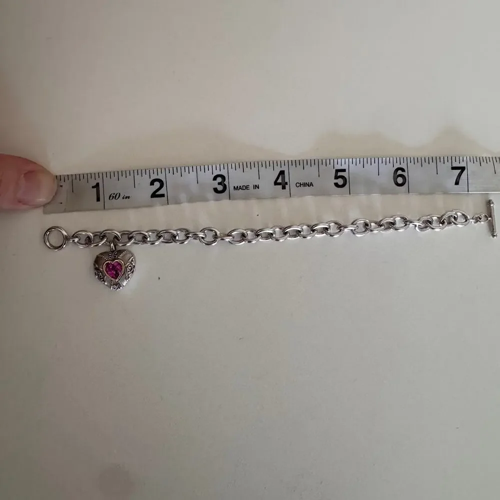 Sterling Silver 14K Pink Heart Charm Toggle Bracelet 7.5